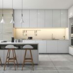 3d rendering white modern design kitchen with lamp
